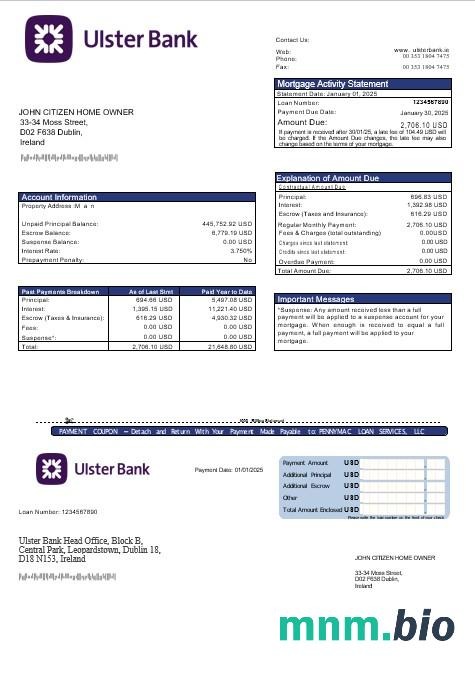 Irlandia Bank Ulster wyciąg z kredytu hipotecznego w formatach Word i PDF